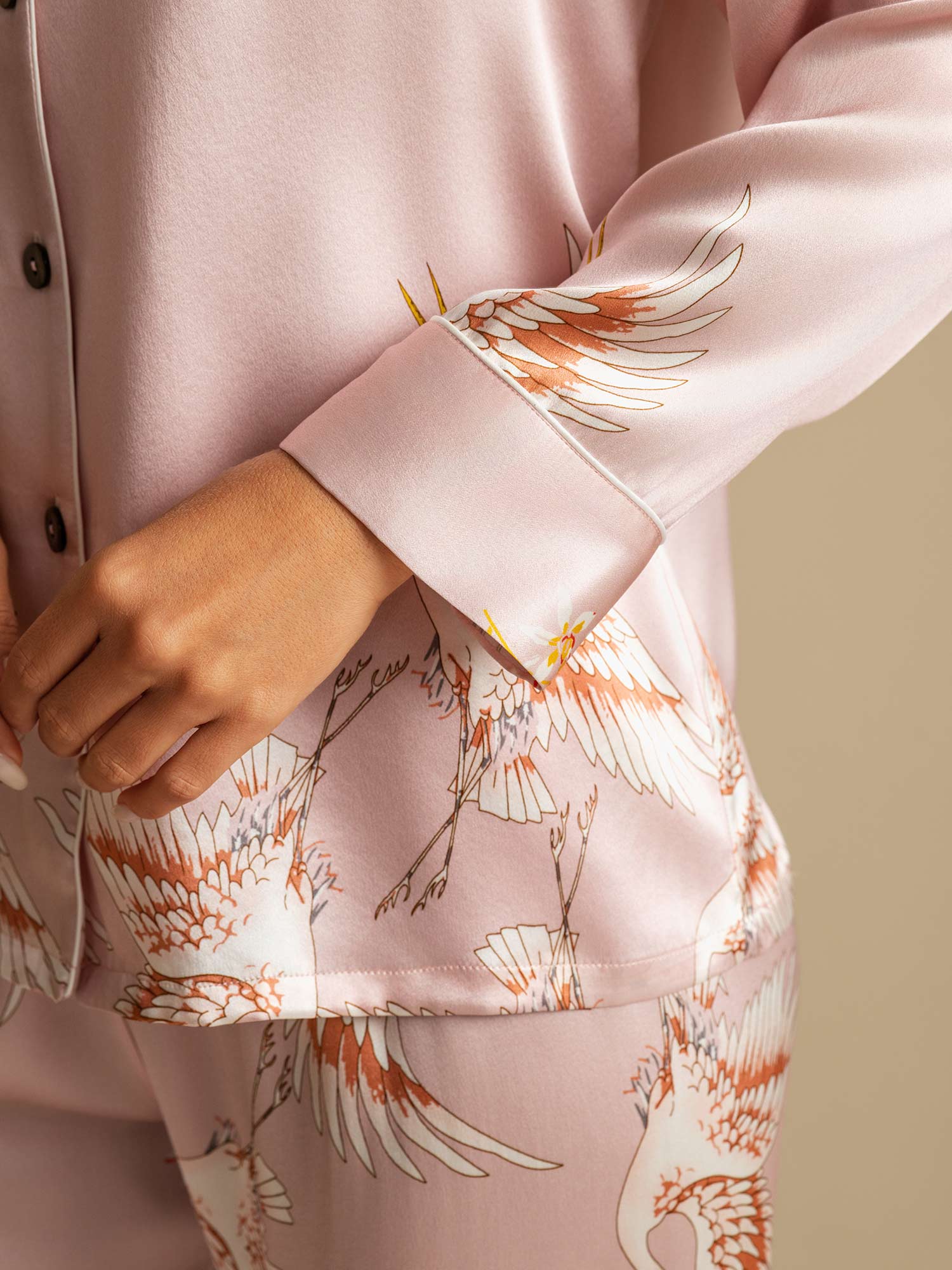 19Momme Pure Silk Crane Print Women's Long Sleeve Notch Collar Pyjamas Set - Image 5