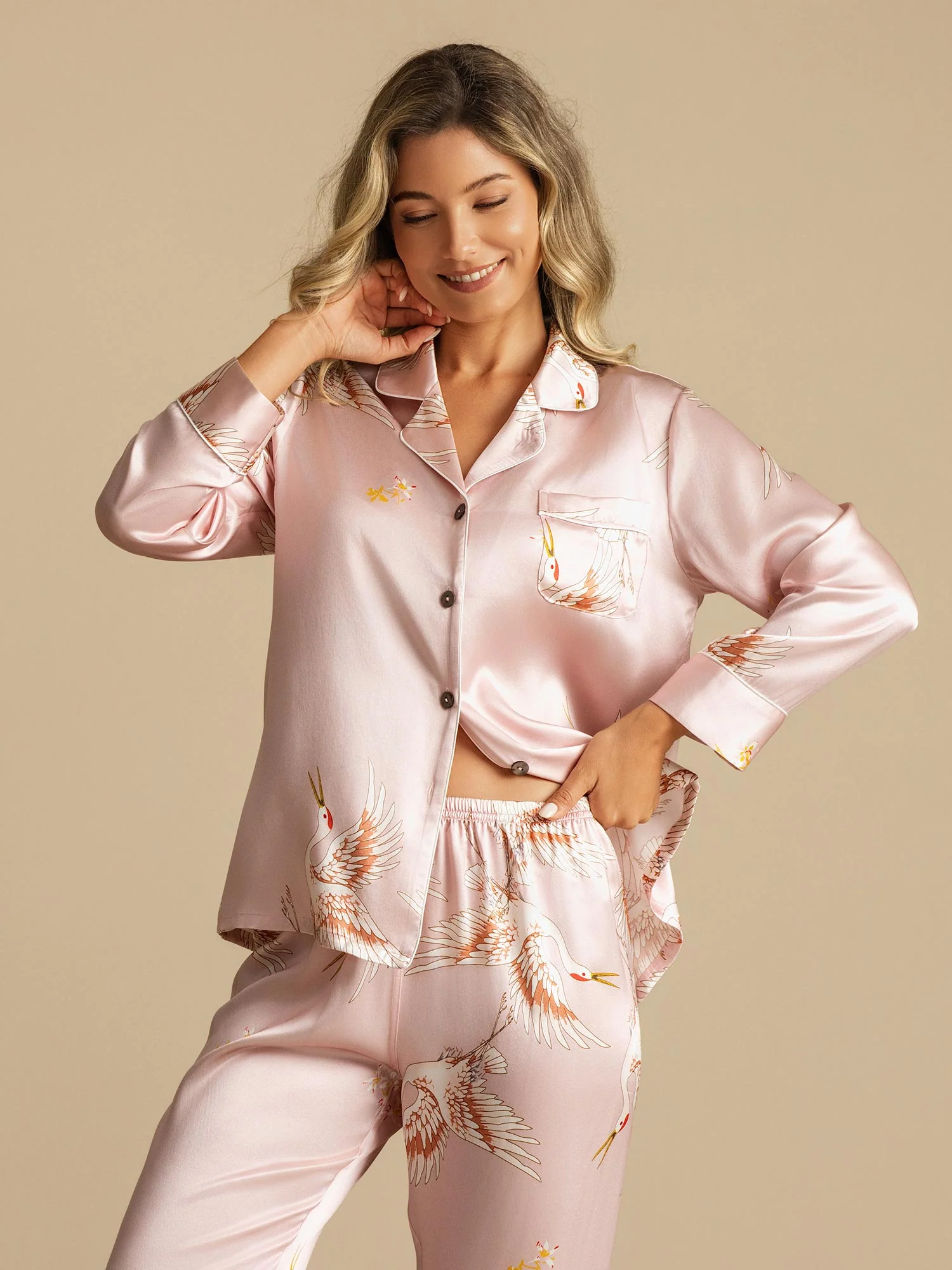 19Momme Pure Silk Crane Print Women's Long Sleeve Notch Collar Pyjamas Set - Image 8