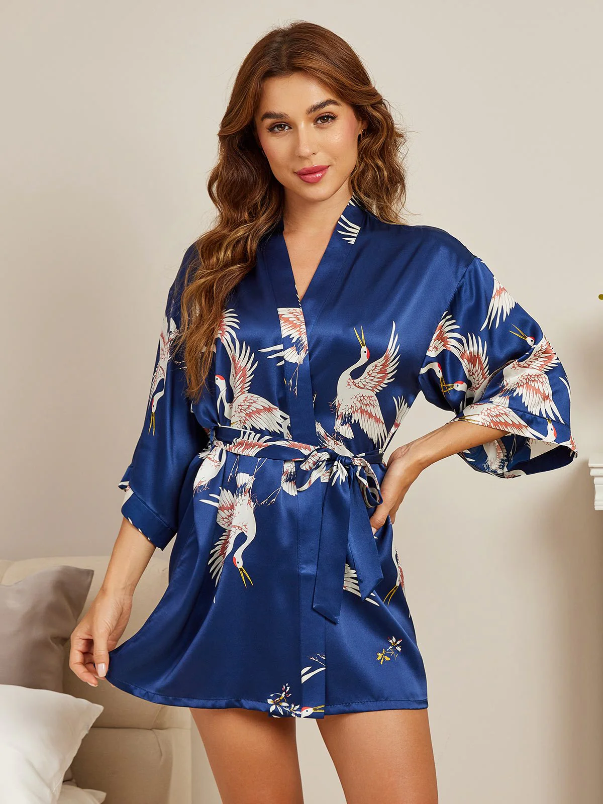 19Momme Pure Silk Crane Print 3/4 Sleeve Short Women's Kimono Robe with Wrap Design - Image 16