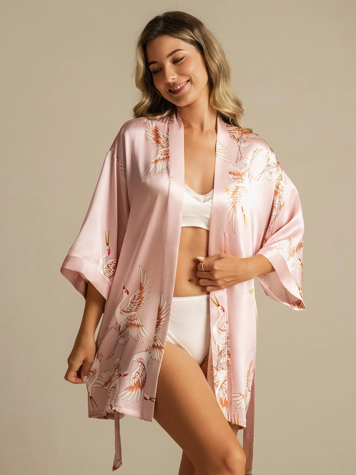 19Momme Pure Silk Crane Print 3/4 Sleeve Short Women's Kimono Robe with Wrap Design - Image 3