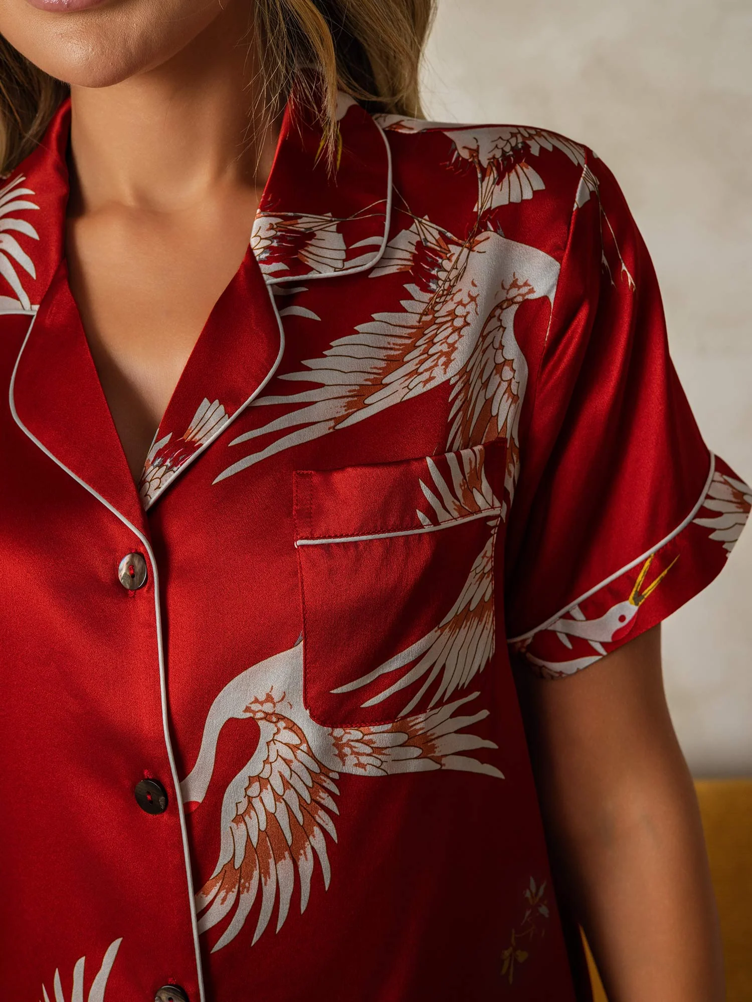 19Momme Women's Pure Silk Crane Print Short Sleeve Notch Collar Pyjamas Set - Image 23